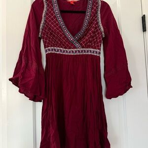 Chelsea & Violet Maroon Embroidered Long Sleeve Dress
